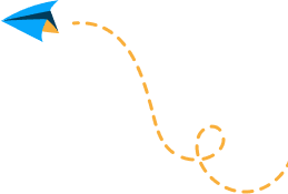 Blue paper airplane with dashed flight path.