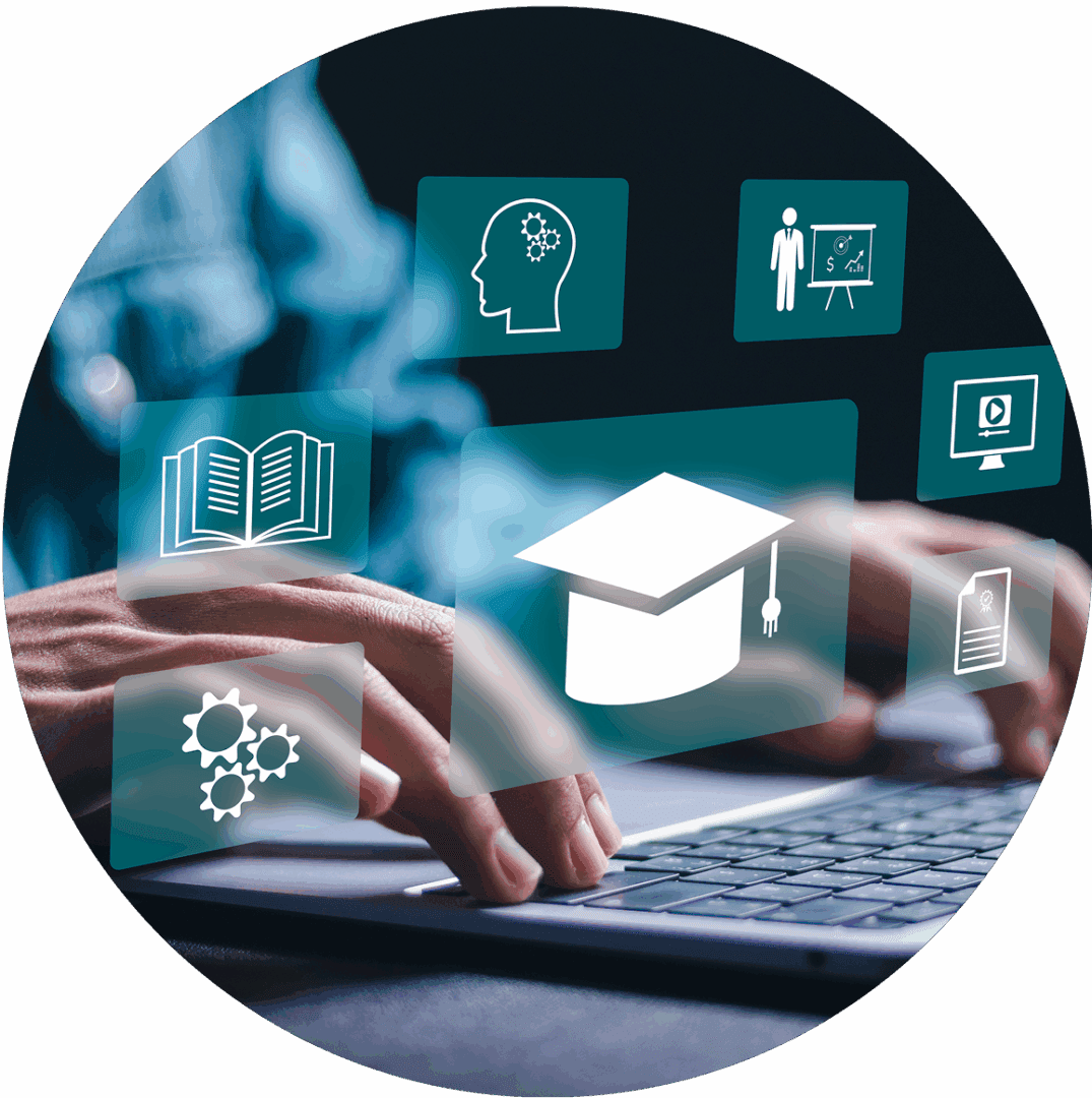 Hands typing on laptop with educational icons.