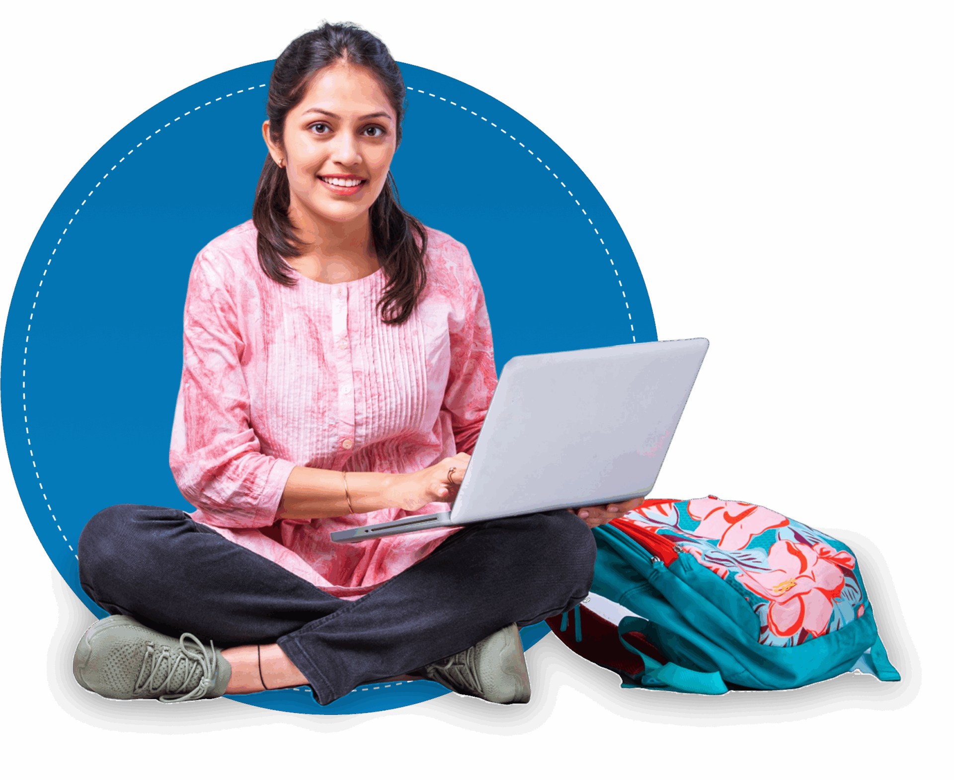 Woman sitting cross-legged with a laptop.